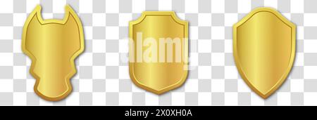 Set of realistic golden heraldic shields. Vector illustration on a transparent background. Stock Vector