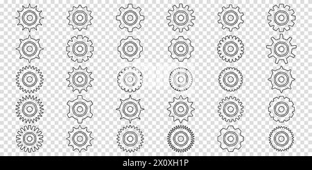 Simple Gear wheel collection. Cogwheel. Gears icon outline set. Setting gears icon. Machine gear icon vector set. Gear icons. Different style icons se Stock Vector