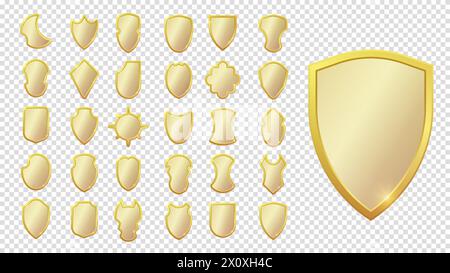 Set of realistic golden heraldic shields. Glass and glossy shield collection. Vector illustration. Stock Vector