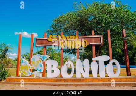 Monument written Welcome to Bonito. The city is one of the main ecotourism destinations in Brazil Stock Photo