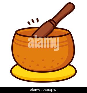 Tibetan singing bowl hand drawn cartoon icon. Ringing meditation bell sound, yoga and healing. Vector clip art illustration. Stock Vector