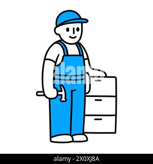 Carpenter, cabinet maker doodle icon. Cute cartoon drawing of character with hammer and cabinet furniture. Vector line art illustration. Stock Vector