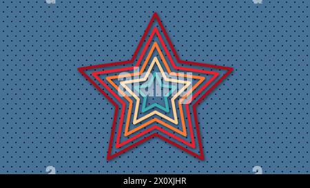 Abstract perforated retro vintage background with colored retro star. Design in futuristic 1970's 1980's 1960's era line frame retro style. Vector fun Stock Vector