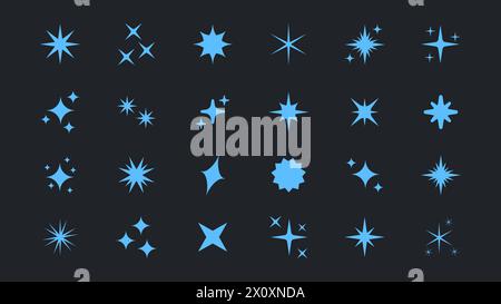 Retro futuristic bright vector blue icons collection. Set of original star sparkle shapes. Abstract shine effect vector sign. Glowing light effect, tw Stock Vector