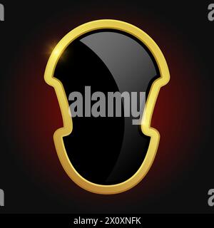 Black shield with glossy bright golden frame isolated on red background. Luxury logo design element. Vector illustration. Stock Vector