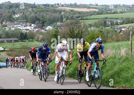 VALKENBURG - (l-r) Mathieu van der Poel (NED), Matteo Jorgensen (USA), Dylan Teuns (BEL) on the Keutenberg during the Amstel Gold Race 2024 on April 14, 2024 in Valkenburg, the Netherlands. This one-day cycling race is part of the UCI WorldTour. ANP VINCENT JANNINK Stock Photo