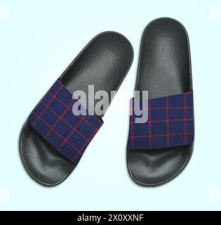 check and black slide in slipper flat lay isolated on white background Stock Photo