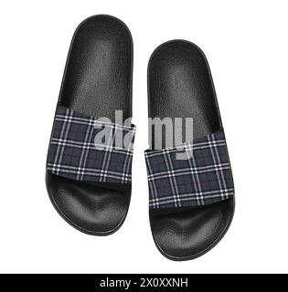 check and black slide in slipper flat lay isolated on white background Stock Photo