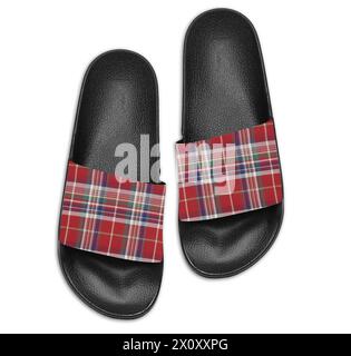 check and black slide in slipper flat lay isolated on white background Stock Photo