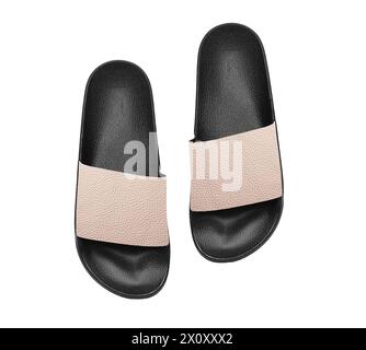 beige black slide in slipper flat lay isolated on white background Stock Photo