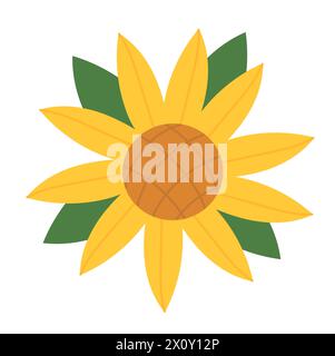 Yellow Sunflower with leaves in full blooming. Botanical Vector flat illustration. Perfect for cards, logo, decorations, spring and summer designs. Stock Vector