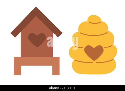 Honey flat Set elements, beekeeping industry. Bee house, Hive. Organic Eco farm. Clip art flat vector. Stock Vector