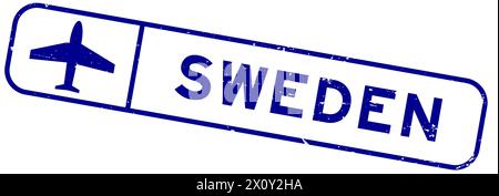 Grunge blue sweden word with plane icon square rubber seal stamp on white background Stock Vector