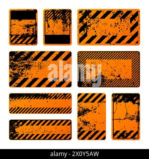 Orange grunge warning signs with diagonal lines. Old attention, danger or caution sign, construction site signage. Realistic notice signboard, warning Stock Vector