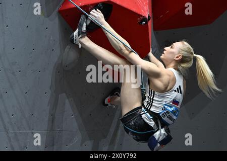 Suzhou, China's Jiangsu Province. 14th Apr, 2024. Janja Garnbret of Slovenia competes during the women's lead event at the IFSC World Cup Wujiang 2024 in Suzhou, east China's Jiangsu Province, April 14, 2024. Credit: Wang Xuzhong/Xinhua/Alamy Live News Stock Photo