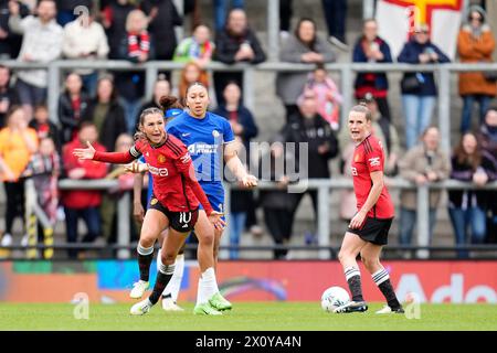 Tempers flare between Chelsea's Lauren James and Manchester United's Katie Zelem (left) during the Adobe Women's FA Cup semi-final match at Leigh Sports Village. Picture date: Sunday April 14, 2024. Stock Photo