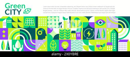 Green city horizontal banner,geometric flat style. Stock Vector
