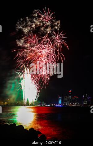 Vertical firework photo, Qatar national day celebration, December Doha corniche firework Stock Photo