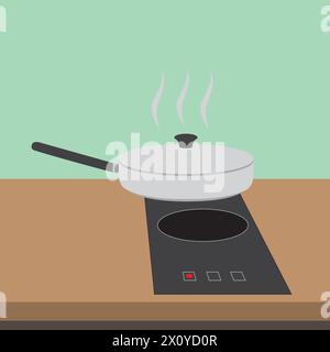 Electric stove with pot on the kitchen counter. Vector induction cooking panel, black ceramic hob on table. Stock Vector