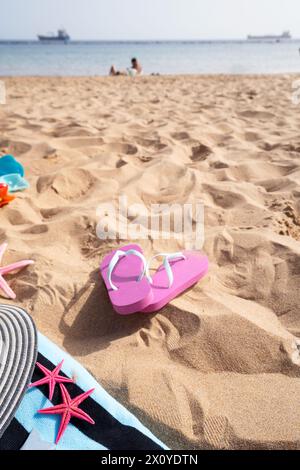 Summer beach still life background with copy space on sand Stock Photo