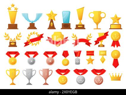 Winner trophy. Golden and glass cups, medals with red ribbons and badges. First and second place. Competition champ achievement set. Victory triumph icons. Vector flat style isolated illustration Stock Vector