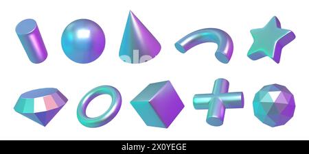 3d shapes. Abstract holographic objects, circle, cube and star elements render, metal ball sphere and brilliant with futuristic gradients. Geometry trendy collection for decor. Vector design set Stock Vector