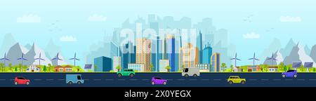 City buildings. Street landscape. Business offices. Skyline panorama. Smart car on road. Windmills and solar panels. Urban highway. Downtown skyscrapers or village houses. Vector cityscape background Stock Vector