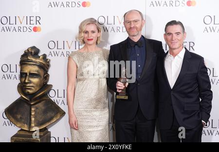 Mark Gatiss (centre) in the press room after being presented with the Best Actor Award by Denise Gough and Billy Crudup at the Olivier Awards at the Royal Albert Hall, London. Picture date: Sunday April 14, 2024. Stock Photo