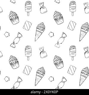 Sweets and candies seamless pattern. Desserts in sketch style. Hand drawn vector illustration isolated on white background Stock Vector