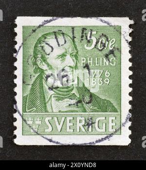 Cancelled postage stamp printed by Sweden, that shows portrait of Per Hendrik Ling (1776-1839) gym pedagogue, circa 1939. Stock Photo