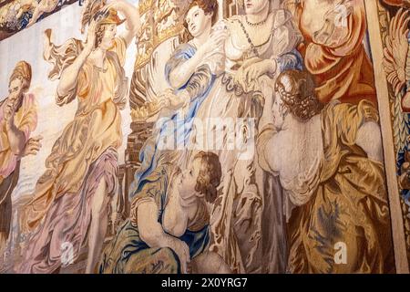 Achilles discovered among the daughters of Lycomedes. Tapestries designed by Rubens Parador  Fuenterrabia, Castle of Charles V, Stock Photo