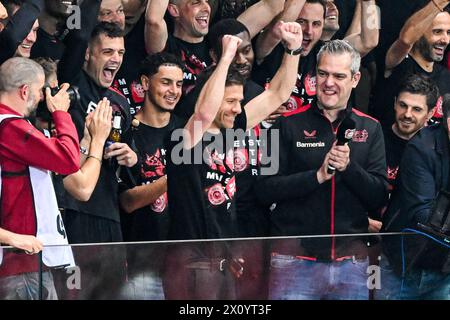 LEVERKUSEN - Bayer 04 Leverkusen coach Xabi Alonso celebrates the championship during the Bundesliga match between Bayer 04 Leverkusen and Werder Bremen at the Bay Arena on April 14, 2024 in Leverkusen, Germany. ANP | Hollandse Hoogte | GERRIT VAN COLOGNE Stock Photo