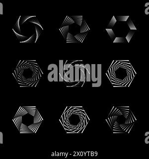 Hexagon dot halftone vortex, spiral twisted geometric shapes icon set, vector elements Stock Vector