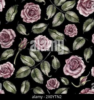 Seamless floral pattern of pink powder roses hand drawn. Watercolor illustration in vintage style for wedding, birthday, valentine's day, mother's day Stock Photo
