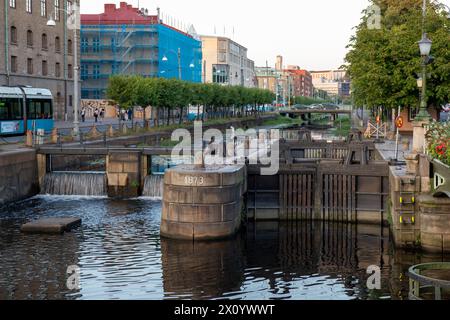 Canal with dam hatches and bridge in background. Buildings and a tram and people walking on the streets in Gothenburg, Sweden Stock Photo