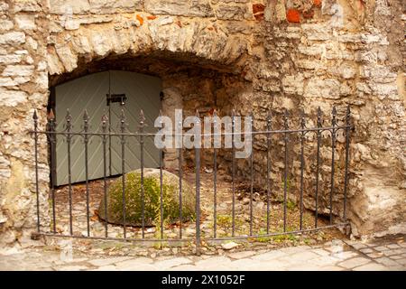 A secret passage in the brick wall behind a locked grey metal gate and a locked wrought iron wicket. A concrete semicircle with green moss prevents Stock Photo