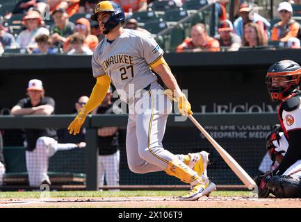 Baltimore, USA. 14th Apr, 2024. BALTIMORE, MD - APRIL 14: Milwaukee Brewers shortstop Willy Adames (27) checks the direction of his hit during a MLB game between the Baltimore Orioles and the Milwaukee Brewers, on April 14, 2024, at Orioles Park at Camden Yards, in Baltimore, Maryland. (Photo by Tony Quinn/SipaUSA) Credit: Sipa USA/Alamy Live News Stock Photo