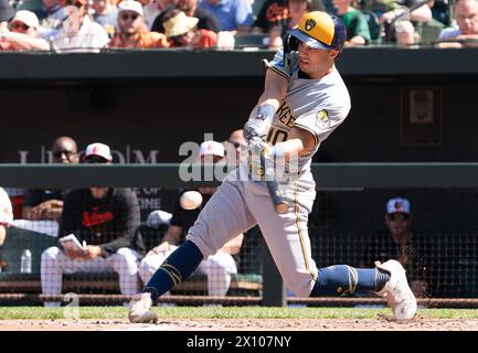 Baltimore, USA. 14th Apr, 2024. BALTIMORE, MD - APRIL 14: Milwaukee Brewers outfielder Sal Frelick (10) hits hard during a MLB game between the Baltimore Orioles and the Milwaukee Brewers, on April 14, 2024, at Orioles Park at Camden Yards, in Baltimore, Maryland. (Photo by Tony Quinn/SipaUSA) Credit: Sipa USA/Alamy Live News Stock Photo