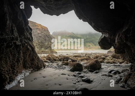 Looking Out From Sea Cave Toward Foggy Hills Along Meyers Beach In Oregon at Low Tide Stock Photo