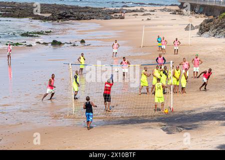 Salvador, Bahia, Brazil - September 15, 2019: Beach soccer players are seen playing on Praia da Patience in the city of Salvador, Bahia. Stock Photo