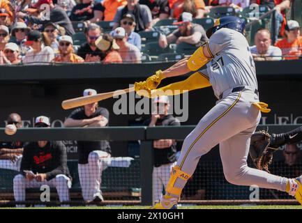 Baltimore, USA. 14th Apr, 2024. BALTIMORE, MD - APRIL 14: Milwaukee Brewers shortstop Willy Adames (27) makes contact during a MLB game between the Baltimore Orioles and the Milwaukee Brewers, on April 14, 2024, at Orioles Park at Camden Yards, in Baltimore, Maryland. (Photo by Tony Quinn/SipaUSA) Credit: Sipa USA/Alamy Live News Stock Photo