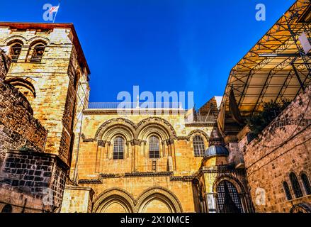 Church of the Holy Sepulchre Jerusalem Israel. Church expanded in 1170 AD contains Jesus Tomb Resurrection and Golgotha Crucifixion site. Stock Photo