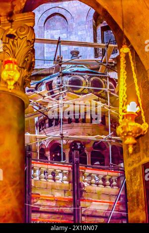 Jesus Tomb Construction Church of the Holy Sepulchre Jerusalem Israel. Church expanded in 1170 AD contains Jesus Tomb Resurrection and Golgotha, Cruci Stock Photo