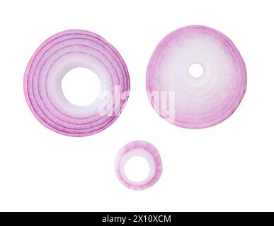 Top view set of red or purple onion rings or slices is isolated on white background with clipping path. Stock Photo