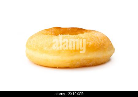 Side view of single sugar glazed cinnamon donut is isolated on white background with clipping path. Stock Photo