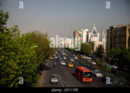 Tehran, Tehran, Iran. 14th Apr, 2024. A view of a street in the downtown of Tehran, Iran, on Sunday, April 14, 2024. Israel on Sunday hailed its air defenses in the face of an unprecedented attack by Iran, saying the systems thwarted 99% of the more than 300 drones and missiles launched toward its territory. (Credit Image: © Sobhan Farajvan/Pacific Press via ZUMA Press Wire) EDITORIAL USAGE ONLY! Not for Commercial USAGE! Stock Photo