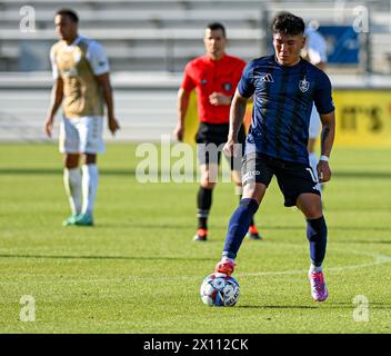 Cary, North Carolina, USA. 14th Apr, 2024. North Carolina FC midfielder MIKEY MALDONADO controls the ball at midfield. North Carolina FC hosted Birmingham Legion FC at WakeMed Soccer Park in Cary, North Carolina. (Credit Image: © Patrick Magoon/ZUMA Press Wire) EDITORIAL USAGE ONLY! Not for Commercial USAGE! Stock Photo