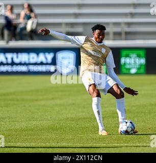 Cary, North Carolina, USA. 14th Apr, 2024. Birmingham Legion FC defender MOSES MENSAH clears the ball down the sideline. North Carolina FC hosted Birmingham Legion FC at WakeMed Soccer Park in Cary, North Carolina. (Credit Image: © Patrick Magoon/ZUMA Press Wire) EDITORIAL USAGE ONLY! Not for Commercial USAGE! Stock Photo