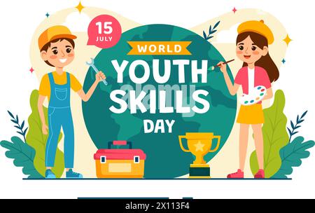 World Youth Skills Day Vector Illustration of People with Skills for Various Employment and Entrepreneurship in Flat Kids Cartoon Background Design Stock Vector