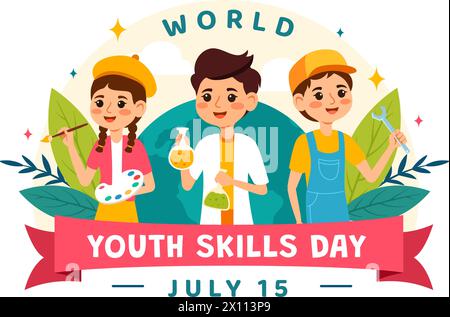World Youth Skills Day Vector Illustration of People with Skills for Various Employment and Entrepreneurship in Flat Kids Cartoon Background Design Stock Vector